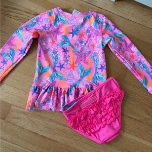 Ruffle Butts Pink & Neon Shimmer Mermaid Ruffle Scallop Hem Rashguard Swim Set